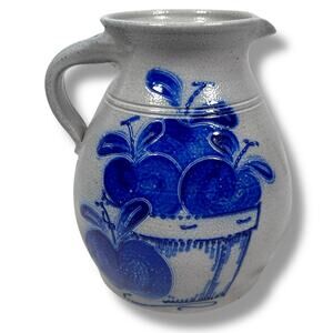 Vintage Eldreth Pottery Large Pitcher Jug Salt Glaze Apple Basket Signed 1995